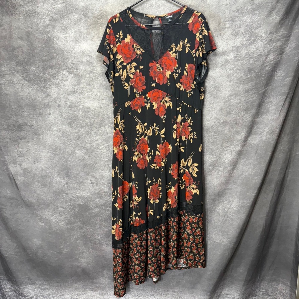 Torrid Black Red Floral Lace Asymmetric Maxi Dress Plus Size 2X Whimsigoth Vamp